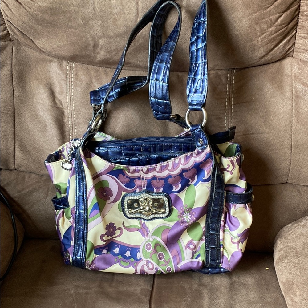 Kathy can Zeeland Blue and Purple Floral Shoulder Bag with Glossy Finish